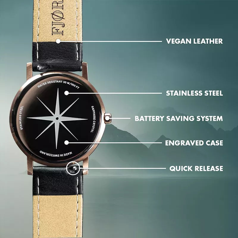 Short overview of features of a Fjordson watch - vegan leather strap, stainless steel, battery saving, engraved and quick release strap