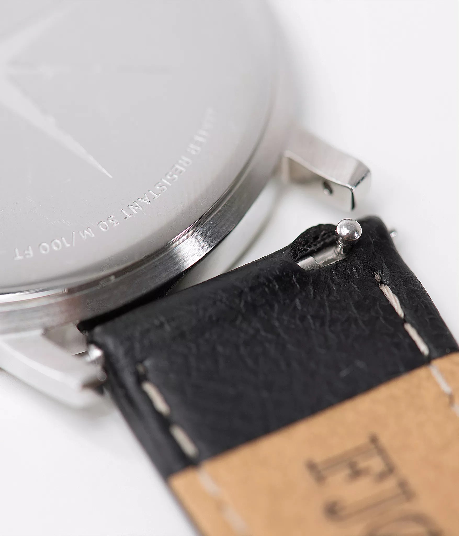 Detail strap shot - Fjordson watch with black dial and vegan leather strap - UNISEX - vegan & approved by PETA - Swiss made