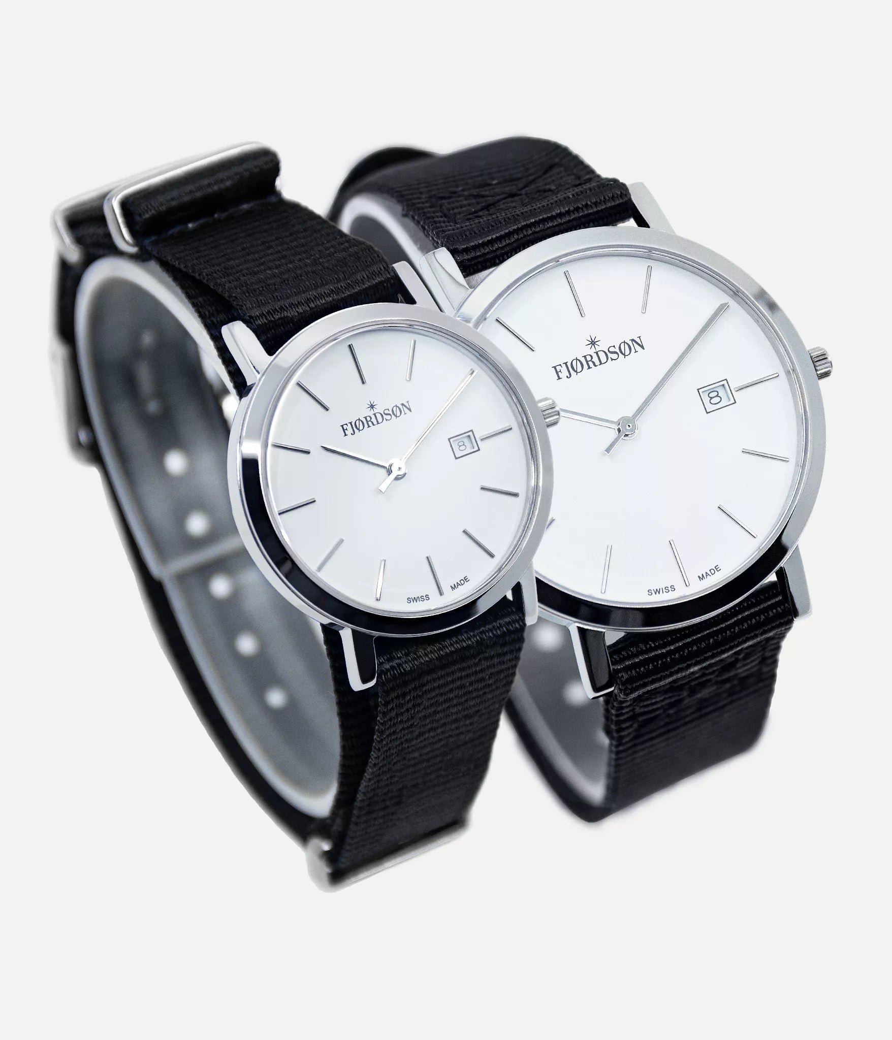 Side shot - Fjordson matching watches with white dial and black NATO nylon watch strap - Couple Watches Gift set - vegan & approved by PETA - Swiss made