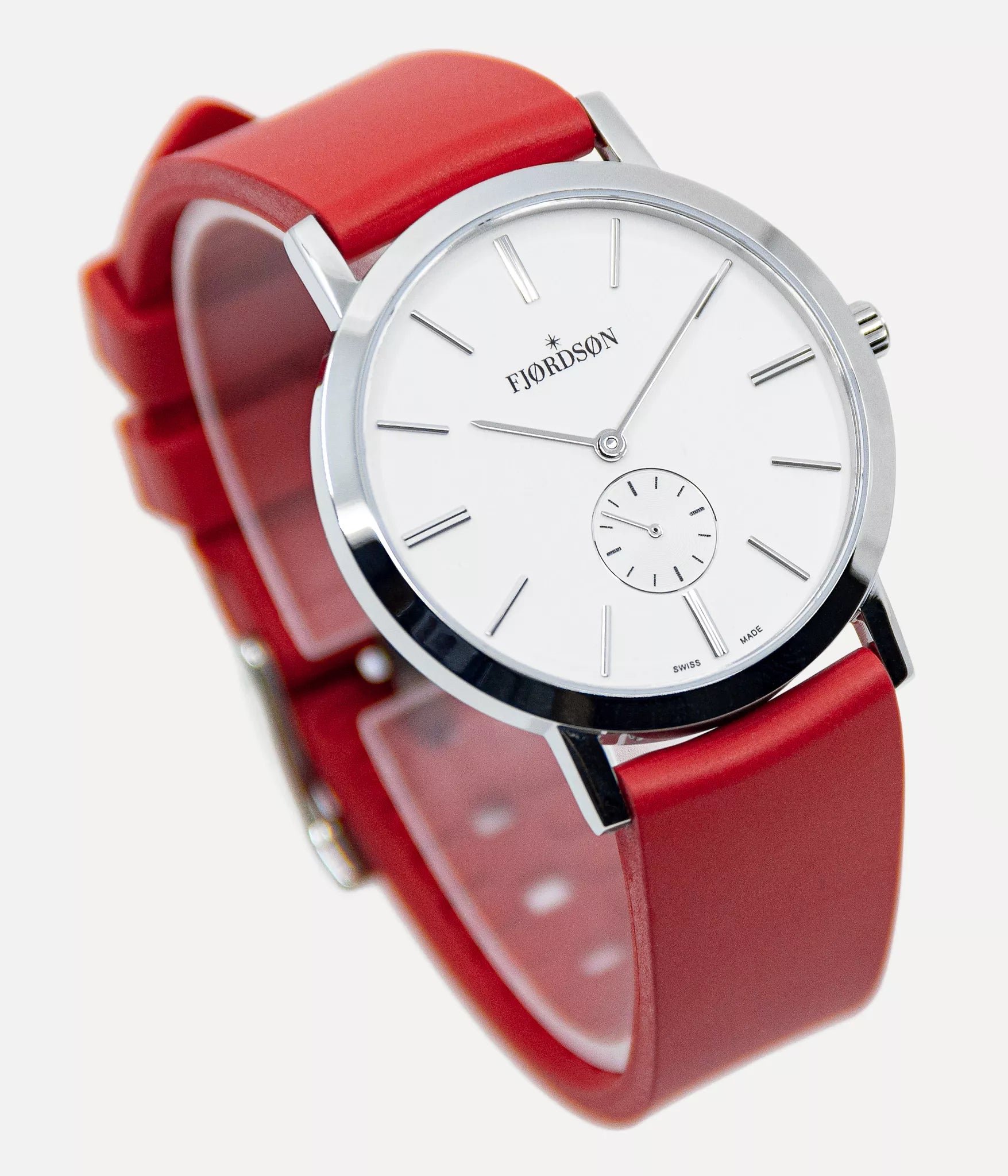 Front shot - Fjordson watch with white dial and red rubber watch strap - UNISEX - vegan & approved by PETA - Swiss made