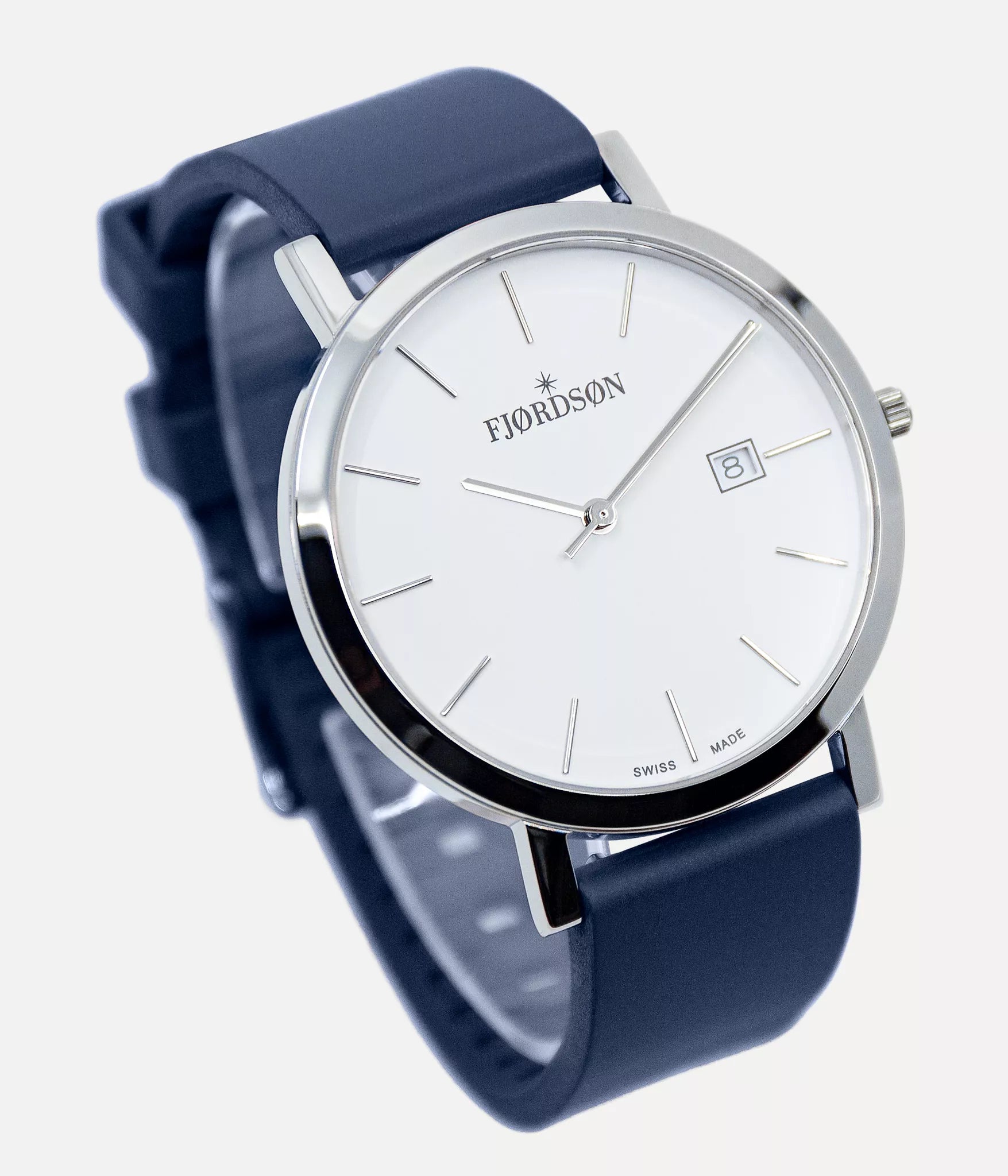 Side shot - Fjordson watch with blue rubber watch strap - MEN - vegan & approved by PETA - Swiss made