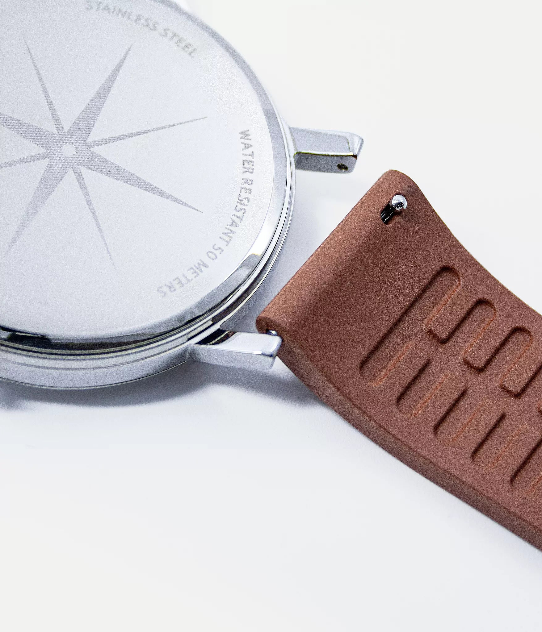 Strap detail shot - Fjordson Brown Rubber Watch strap silver buckle - MEN - vegan & approved by PETA - Swiss made