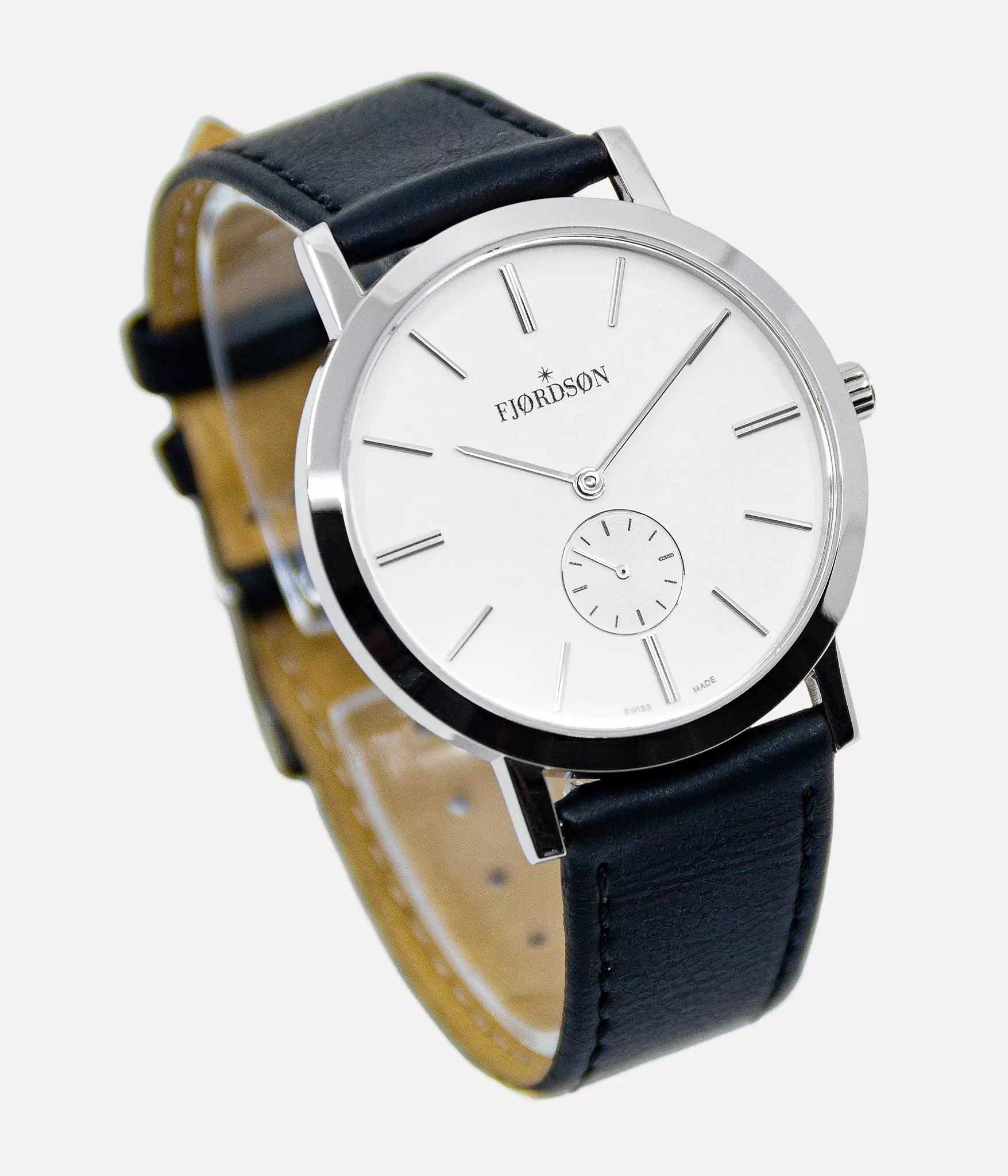 Side shot - Fjordson watch with white dial and black vegan leather watch strap - UNISEX - vegan & approved by PETA - Swiss made