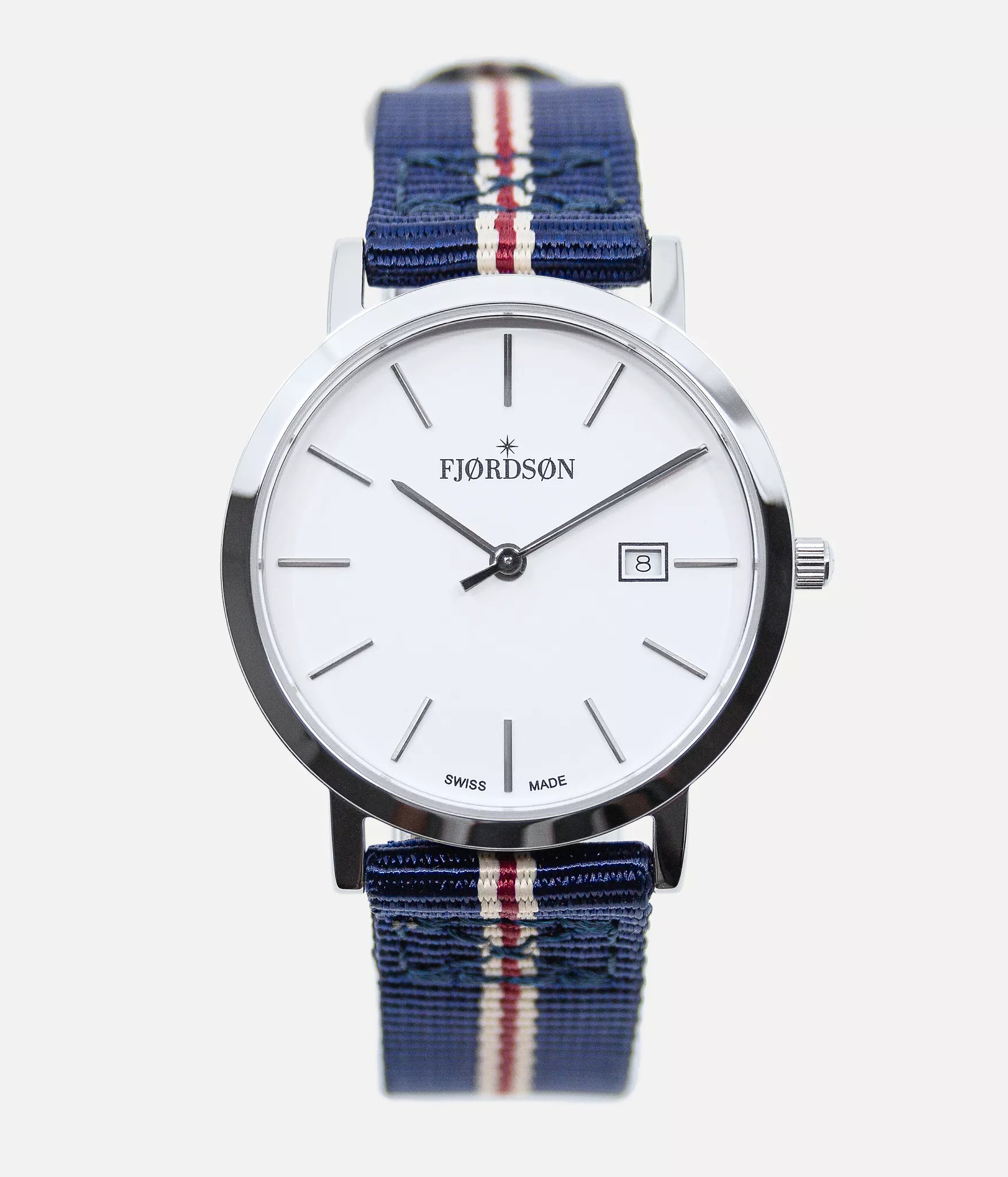 Front shot - Fjordson watch with white dial and navy blue & red striped NATO nylon watch strap - Women's Watch - vegan & approved by PETA - Swiss made