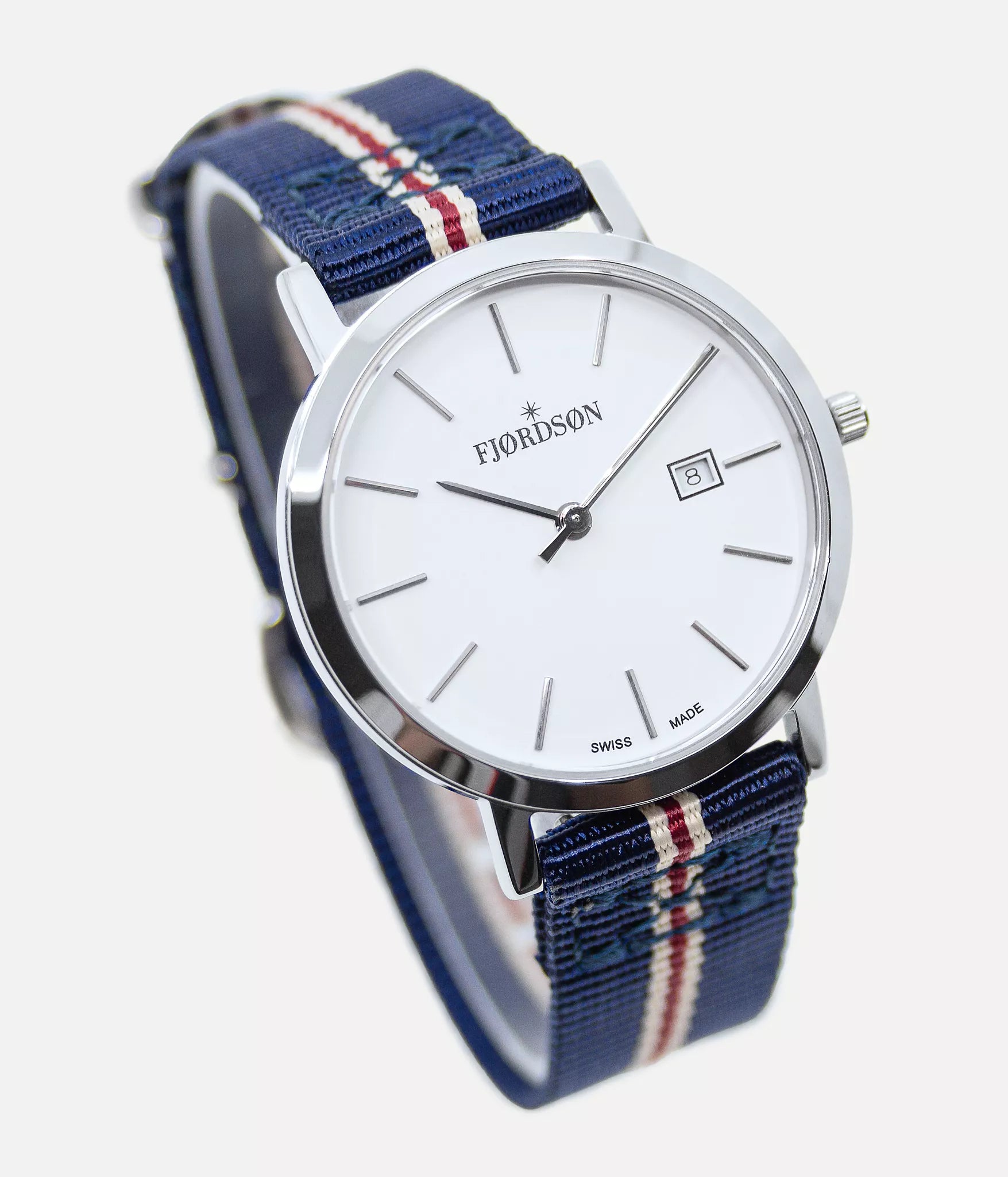 Side shot - Fjordson watch with white dial and navy blue & red striped NATO nylon watch strap - Women's Watch - vegan & approved by PETA - Swiss made