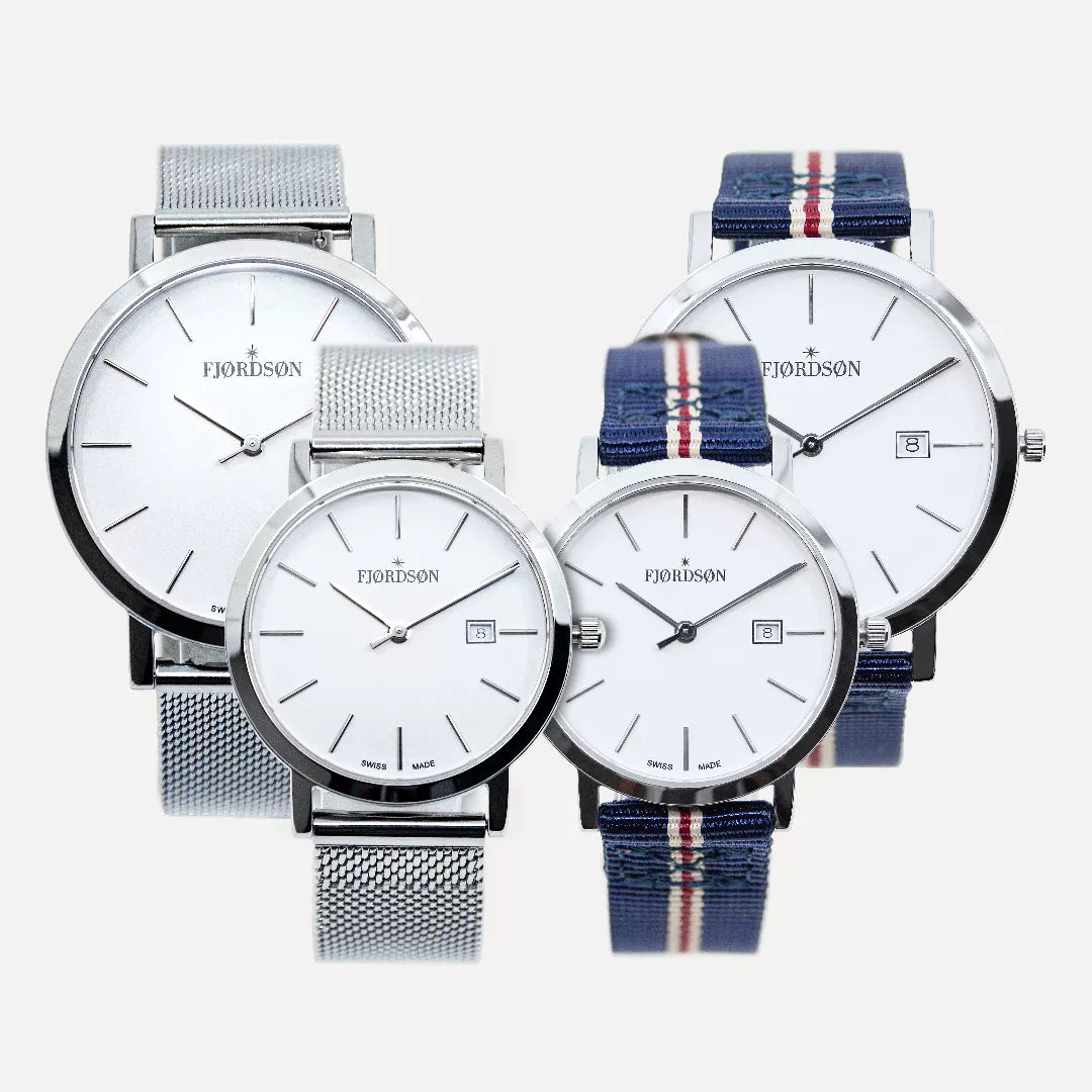 Two example gift sets 1. #91 collection watches with white dials and mesh straps | 1. #91 collection watches with white dials and Striped Nato straps