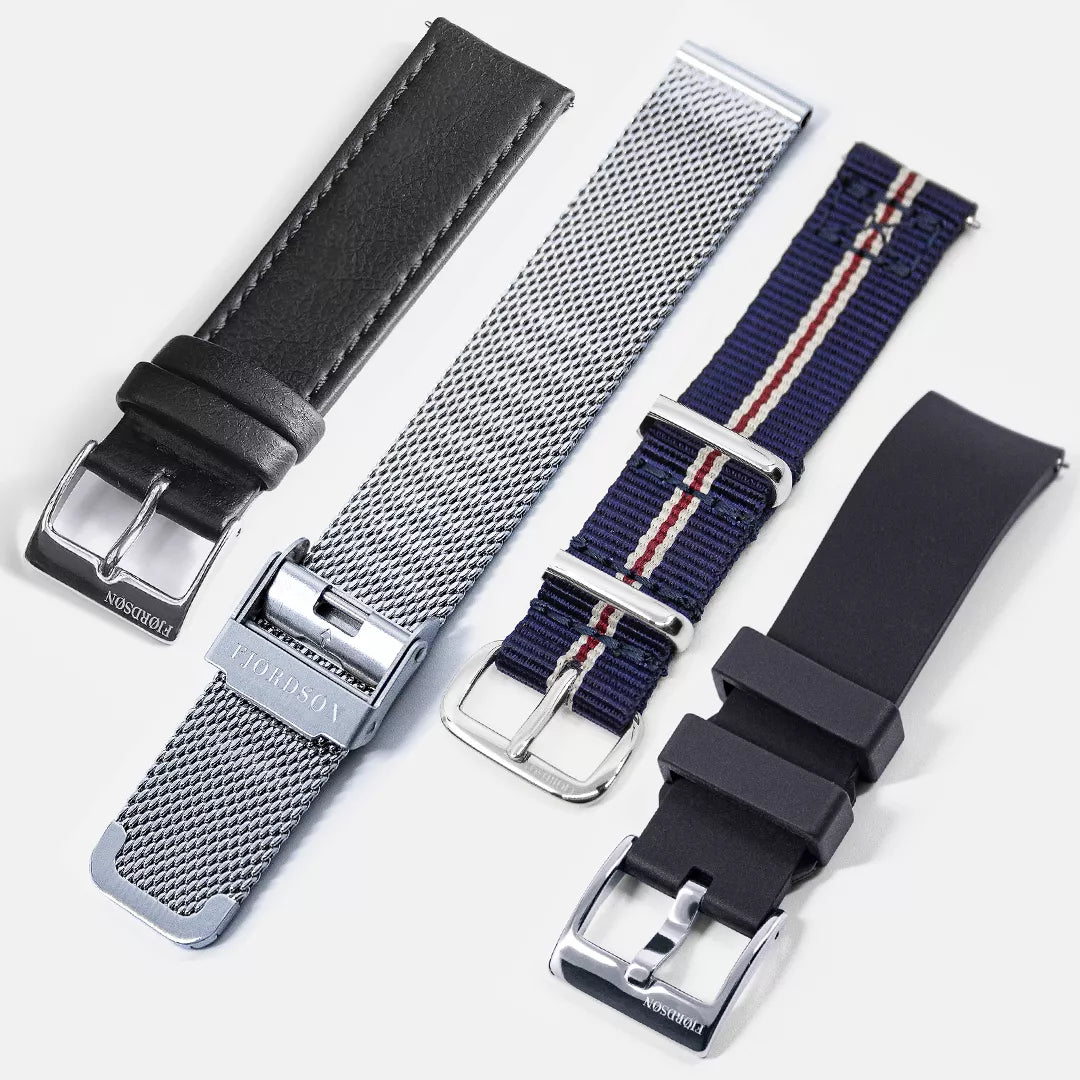 Collection of straps - 1. Vegan leather strap | 2. Mesh strap | 3. Nato striped strap | 4. Rubber strap