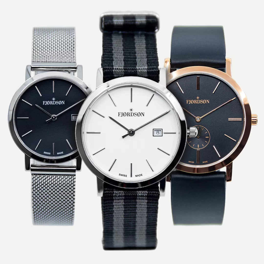 3 distinct Fjordson watch examples 1. black dial #91 collection watch - silver with mesh strap | 2. white dial #91 collection watch - silver with Nato striped strap
