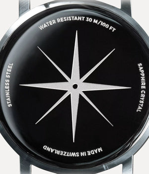 Watch backplate shot  - Fjordson watch with black dial and black nylon watch strap - MEN - vegan & approved by PETA - Swiss made