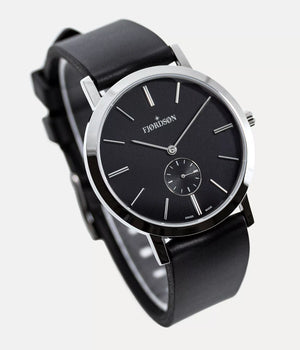 Side shot - Fjordson watch with black dial and rubber watch strap - UNISEX - vegan & approved by PETA - Swiss made
