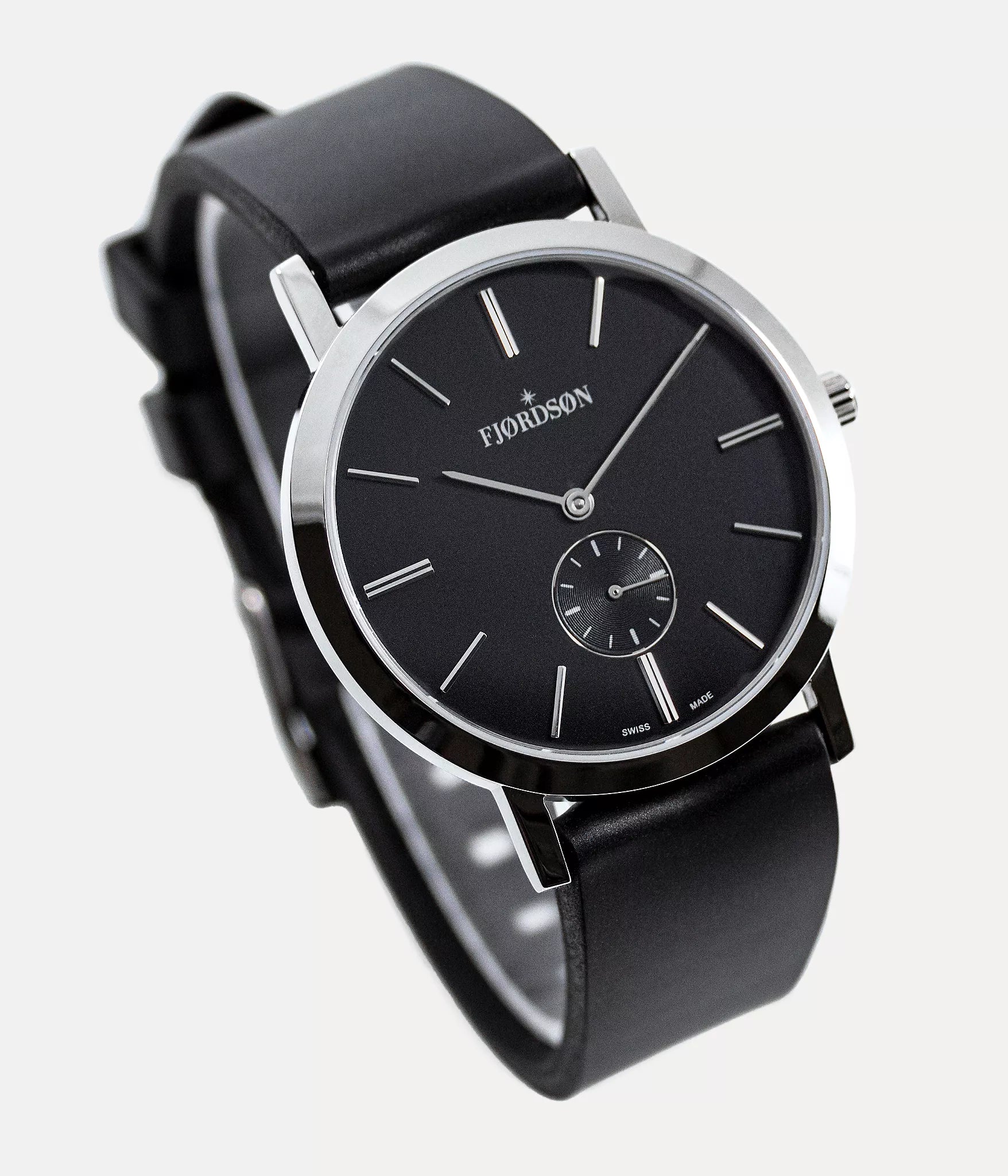Strap on black dial watch shot - Fjordson black rubber strap silver buckle - UNISEX - vegan & approved by PETA - Swiss made