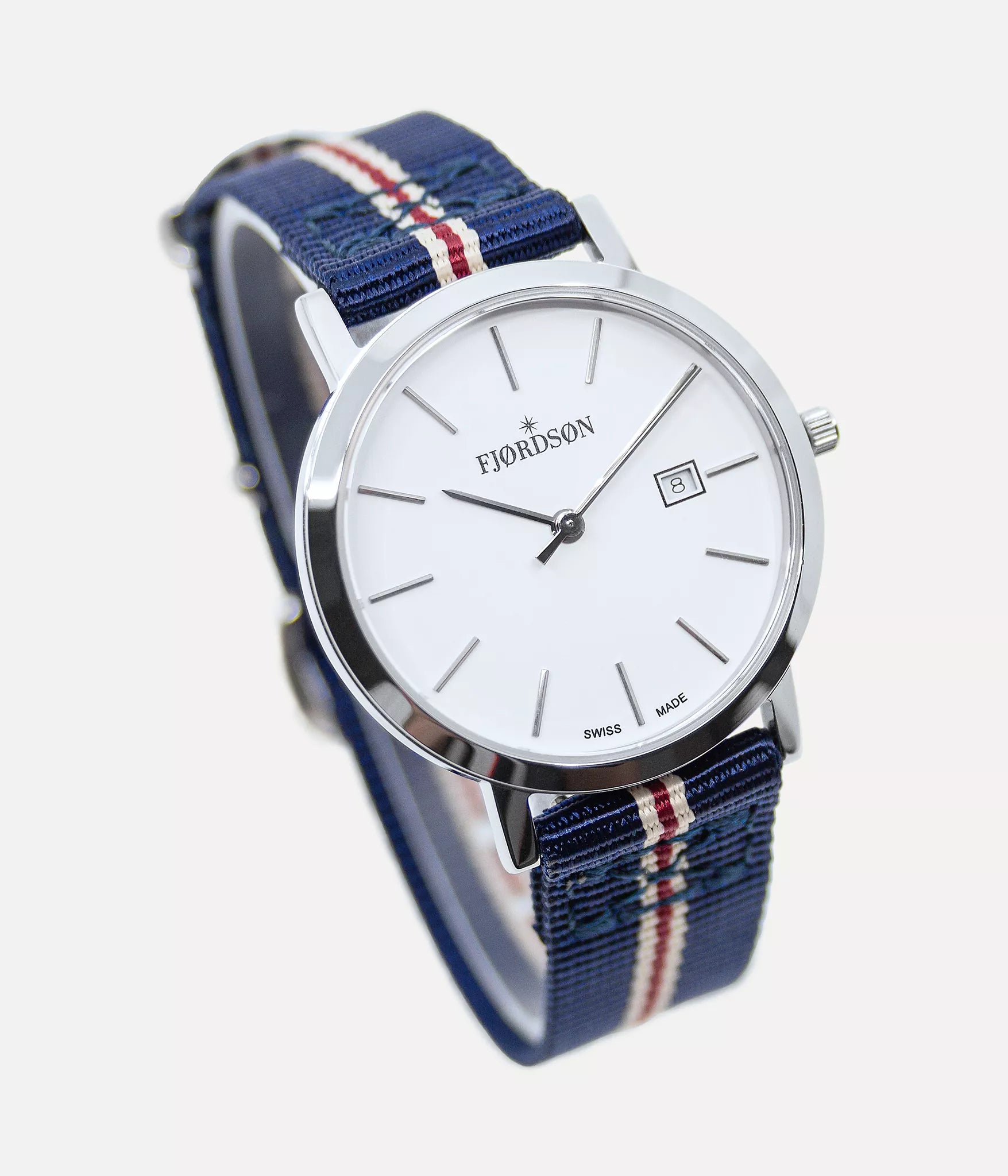 Strap on white dial watch - Fjordson Striped Navy Blue Nato Watch strap silver buckle - WOMEN - vegan & approved by PETA - Swiss made