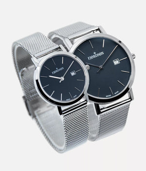 Side shot - Fjordson matching watches with black dial and silver metal watch strap - Couple Watches Gift set - vegan & approved by PETA - Swiss made