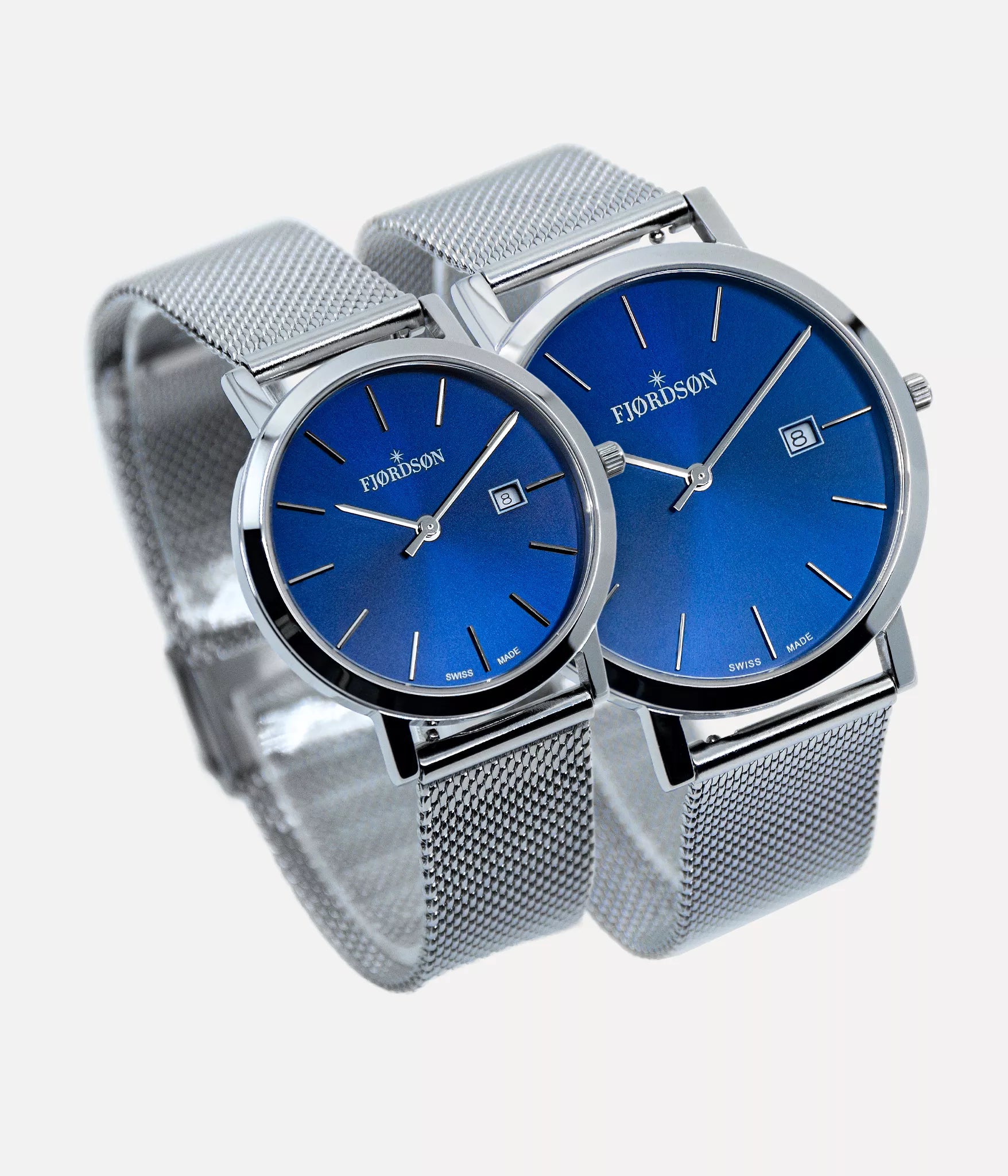 Front shot - Fjordson matching watches with blue dial and silver metal watch strap - Couple Watches Gift set - vegan & approved by PETA - Swiss made