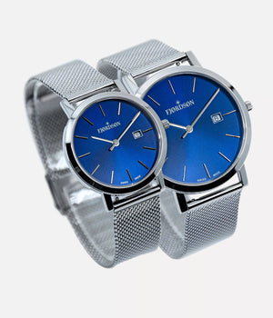 Side shot - Fjordson matching watches with blue dial and silver metal watch strap - Couple Watches Gift set - vegan & approved by PETA - Swiss made