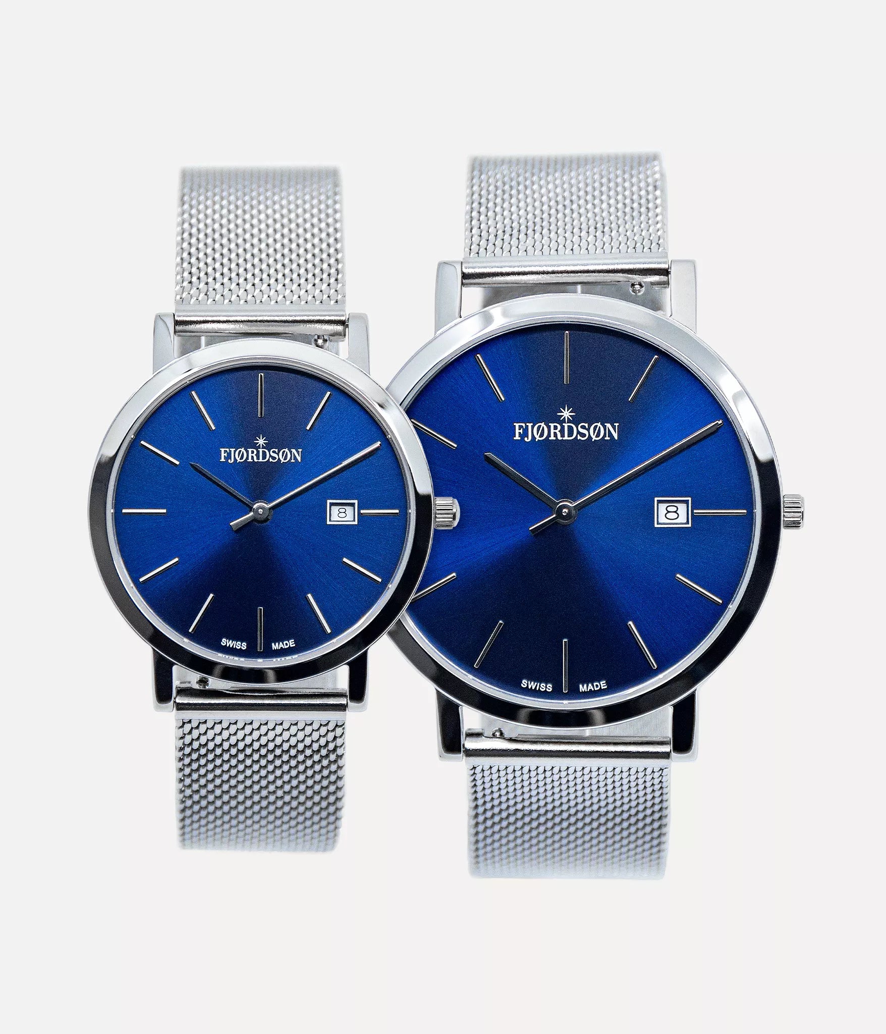 Front shot - Fjordson matching watches with blue dial and silver metal watch strap - Couple Watches Gift set - vegan & approved by PETA - Swiss made
