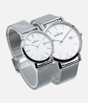 Side shot - Fjordson matching watches with white dial and silver metal watch strap - Couple Watches Gift set - vegan & approved by PETA - Swiss made