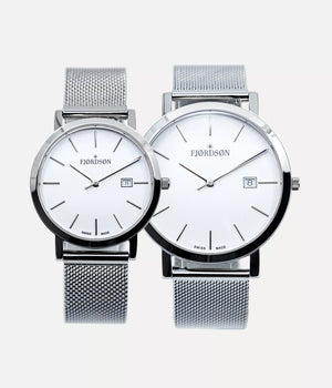 Front shot - Fjordson matching watches with white dial and silver metal watch strap - Couple Watches Gift set - vegan & approved by PETA - Swiss made