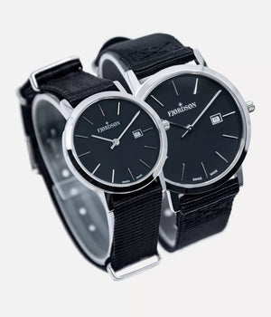 Side shot - Fjordson matching watches with black dial and black NATO nylon watch strap - Couple Watches Gift set - vegan & approved by PETA - Swiss made