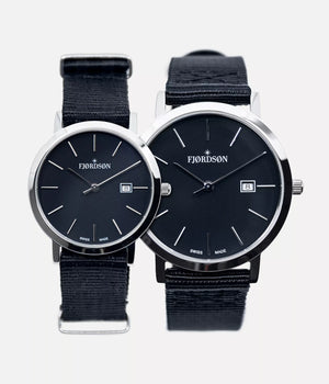 Front shot - Fjordson matching watches with black dial and black NATO nylon watch strap - Couple Watches Gift set - vegan & approved by PETA - Swiss made