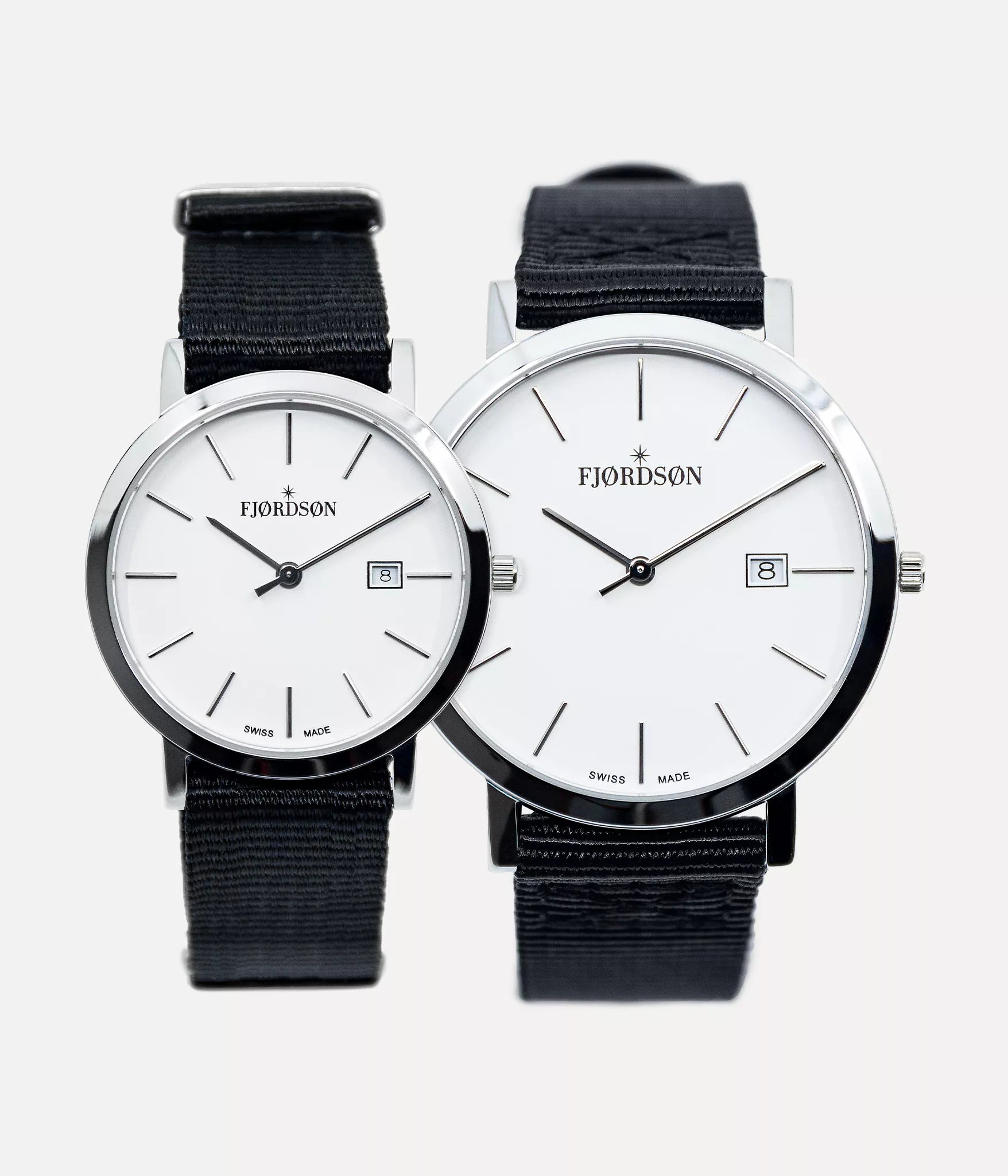 Front shot - Fjordson matching watches with white dial and black NATO nylon watch strap - Couple Watches Gift set - vegan & approved by PETA - Swiss made