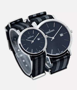 Side shot - Fjordson matching watches with black dial and black & grey NATO nylon watch strap - Couple Watches Gift set - vegan & approved by PETA - Swiss made