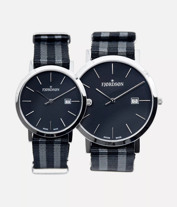 Front shot - Fjordson matching watches with black dial and black & grey NATO nylon watch strap - Couple Watches Gift set - vegan & approved by PETA - Swiss made