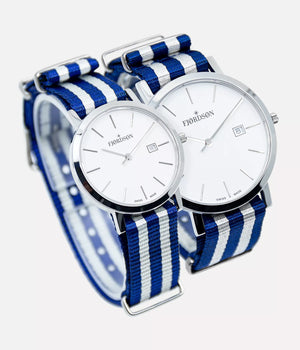 Side shot - Fjordson matching watches with white dial and blue & white NATO nylon watch strap - Couple Watches Gift set - vegan & approved by PETA - Swiss made