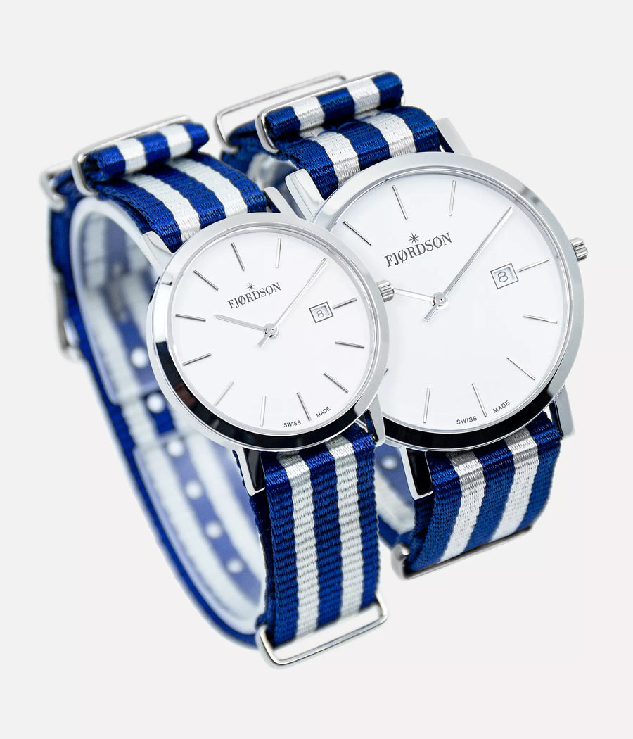Front shot - Fjordson matching watches with white dial and blue & white NATO nylon watch strap - Couple Watches Gift set - vegan & approved by PETA - Swiss made