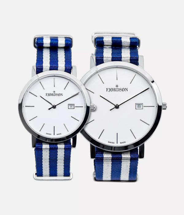 Front shot - Fjordson matching watches with white dial and blue & white NATO nylon watch strap - Couple Watches Gift set - vegan & approved by PETA - Swiss made