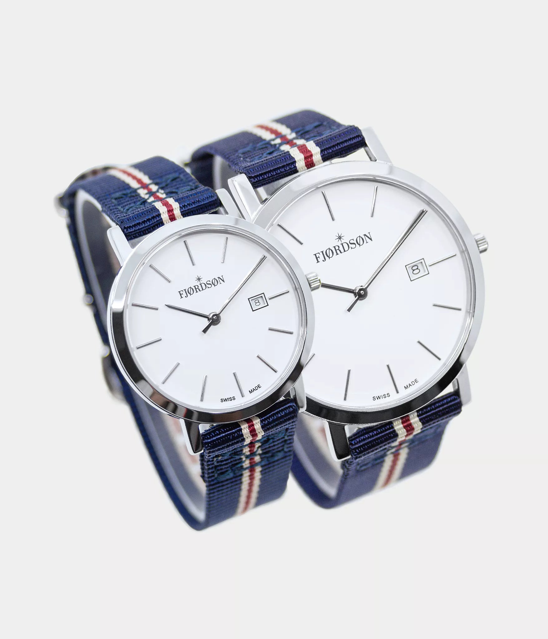 Side shot - Fjordson matching watches with white dial and striped navy blue NATO nylon watch strap - Couple Watches Gift set - vegan & approved by PETA - Swiss made