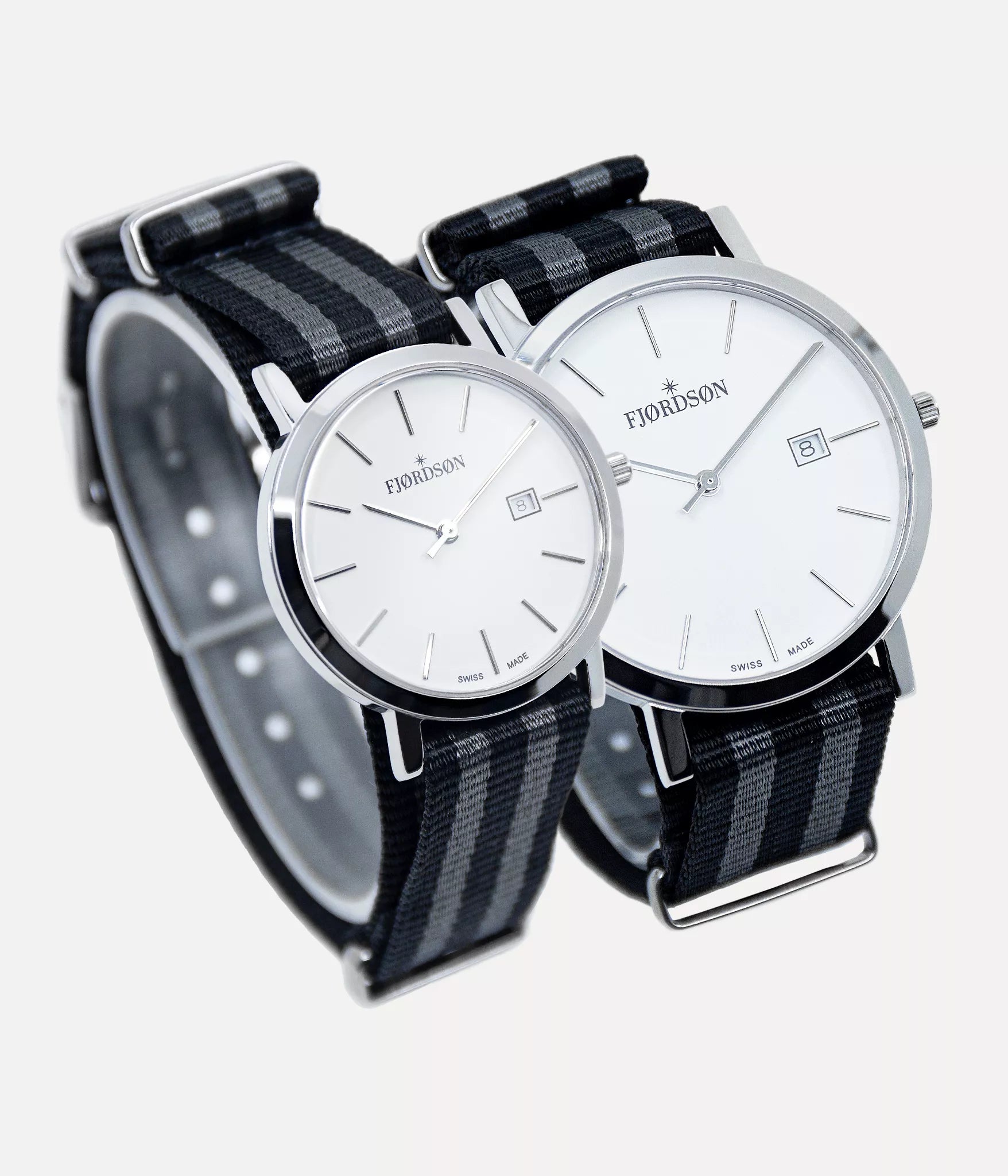 Front shot - Fjordson matching watches with white dial and black & grey NATO nylon watch strap - Couple Watches Gift set - vegan & approved by PETA - Swiss made