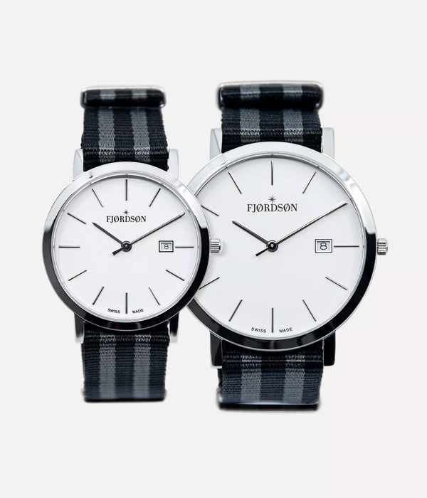 Front shot - Fjordson matching watches with white dial and black & grey NATO nylon watch strap - Couple Watches Gift set - vegan & approved by PETA - Swiss made