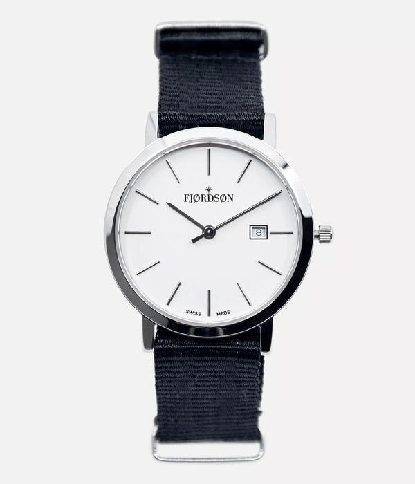 Front shot - Fjordson watch with white dial and black NATO nylon watch strap - Women's Watch - vegan & approved by PETA - Swiss made
