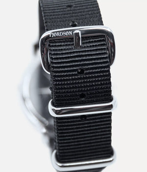 Strap lock shot - Fjordson watch with black Nato watch strap - WOMEN - vegan & approved by PETA - Swiss made