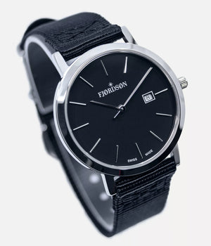Side shot - Fjordson watch with black dial and black Nato nylon watch strap - MEN - vegan & approved by PETA - Swiss made