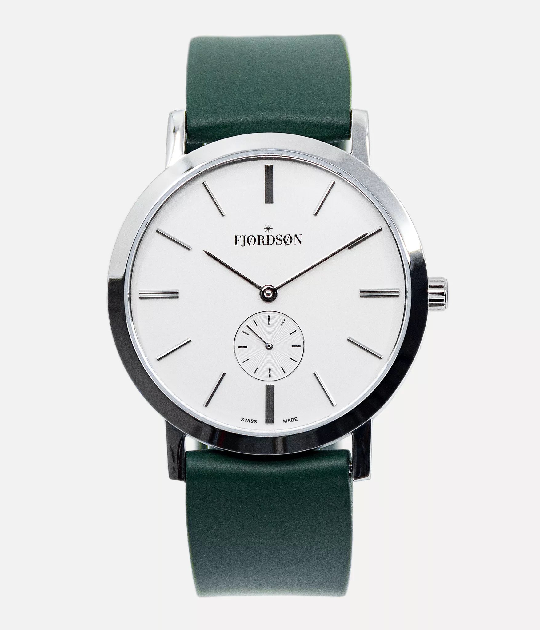 Front shot - Fjordson watch with white dial and green rubber watch strap - UNISEX - vegan & approved by PETA - Swiss made