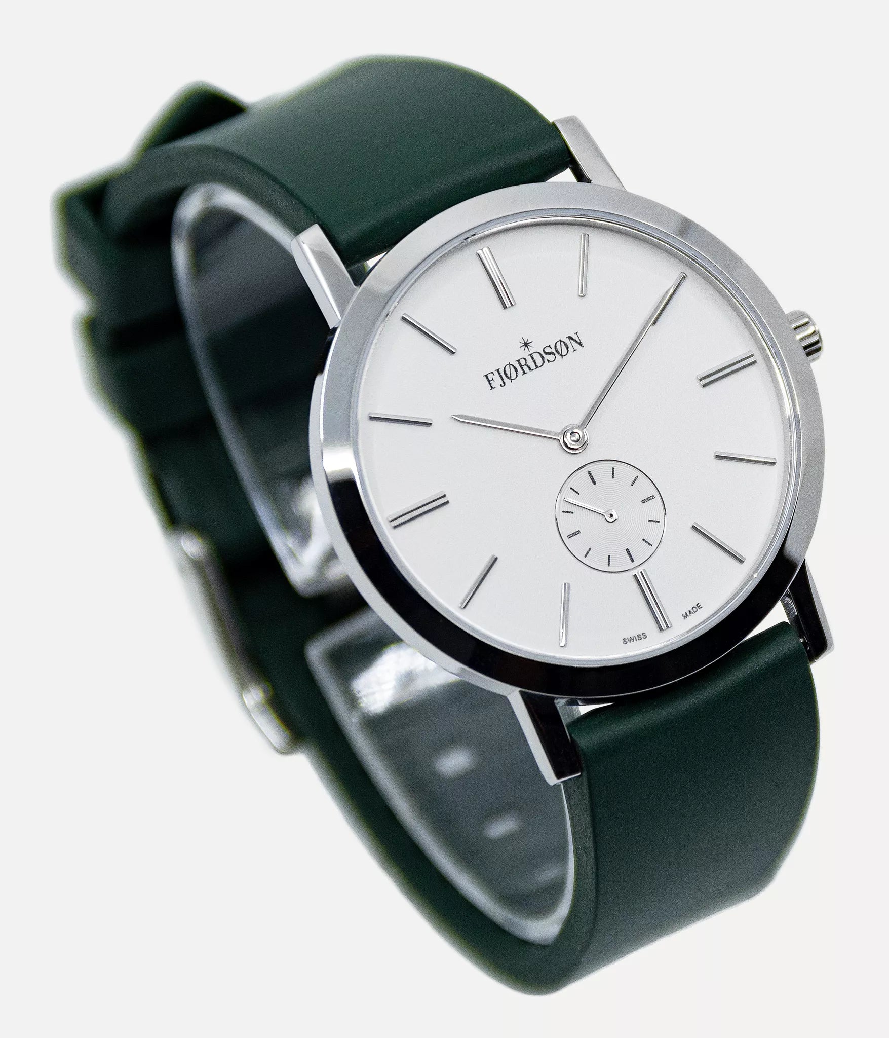 Strap on white dial watch UNISEX shot - Fjordson Green Rubber Watch strap silver buckle - MEN - vegan & approved by PETA - Swiss made