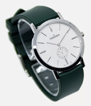 Side shot - Fjordson watch with white dial and green rubber watch strap - UNISEX - vegan & approved by PETA - Swiss made