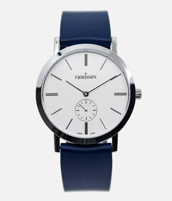 Front shot - Fjordson watch with white dial and blue rubber watch strap - UNISEX - vegan & approved by PETA - Swiss made