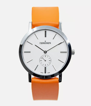 Front shot - Fjordson watch with white dial and orange rubber watch strap - UNISEX - vegan & approved by PETA - Swiss made