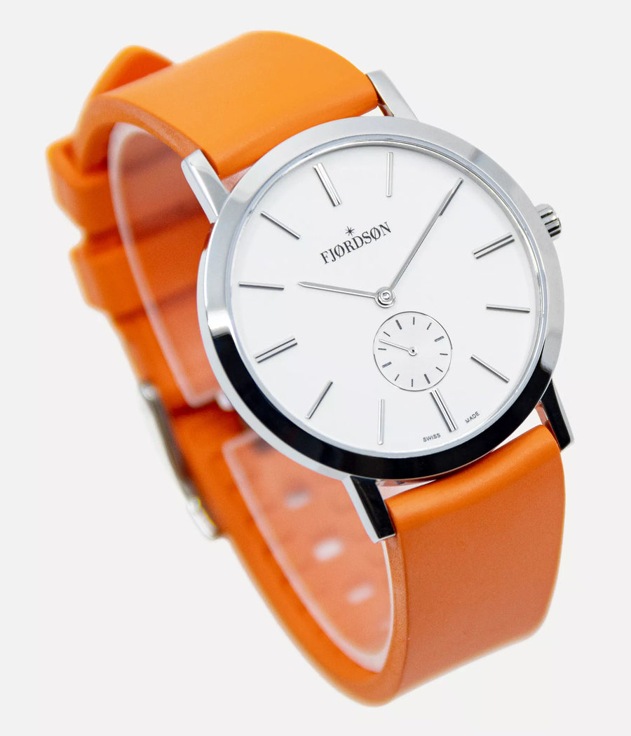 Front shot - Fjordson watch with white dial and orange rubber watch strap - UNISEX - vegan & approved by PETA - Swiss made