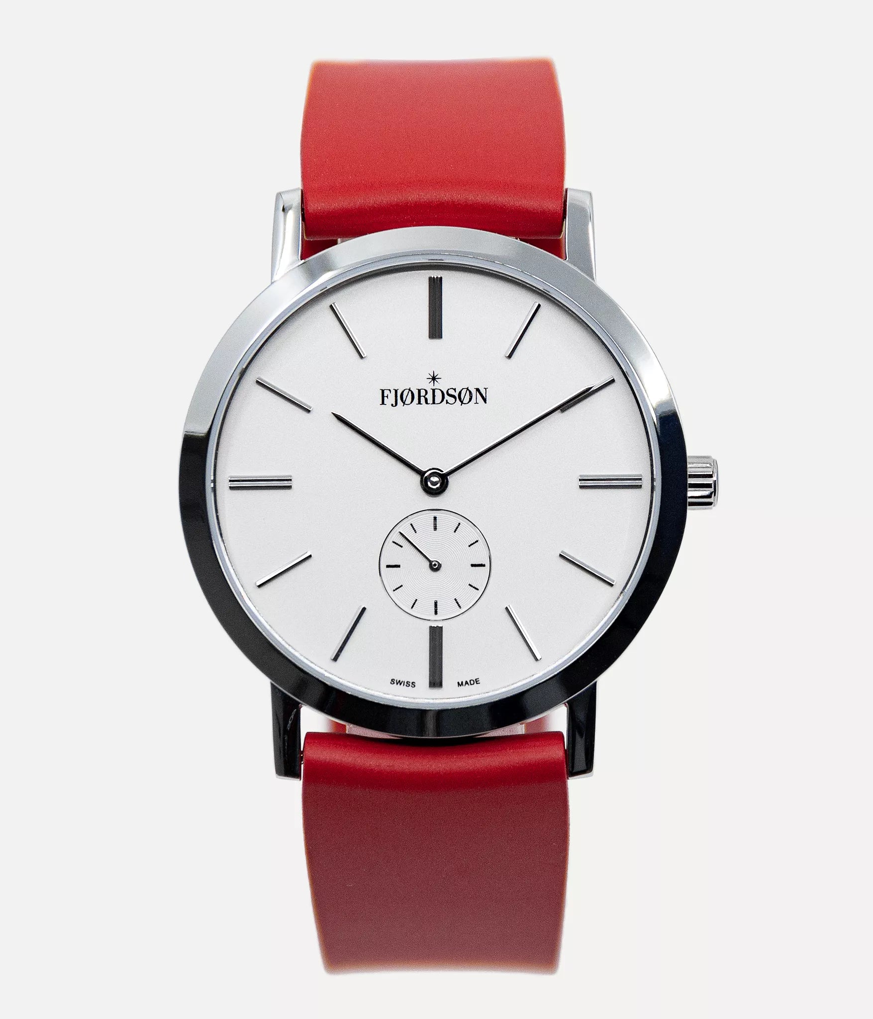 Front shot - Fjordson watch with white dial and red rubber watch strap - UNISEX - vegan & approved by PETA - Swiss made