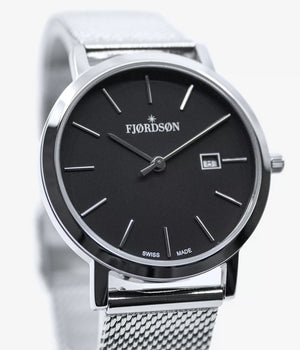 Strap on black dial watch shot - Fjordson Metal Mesh Watch strap silver buckle - MEN - vegan & approved by PETA - Swiss made