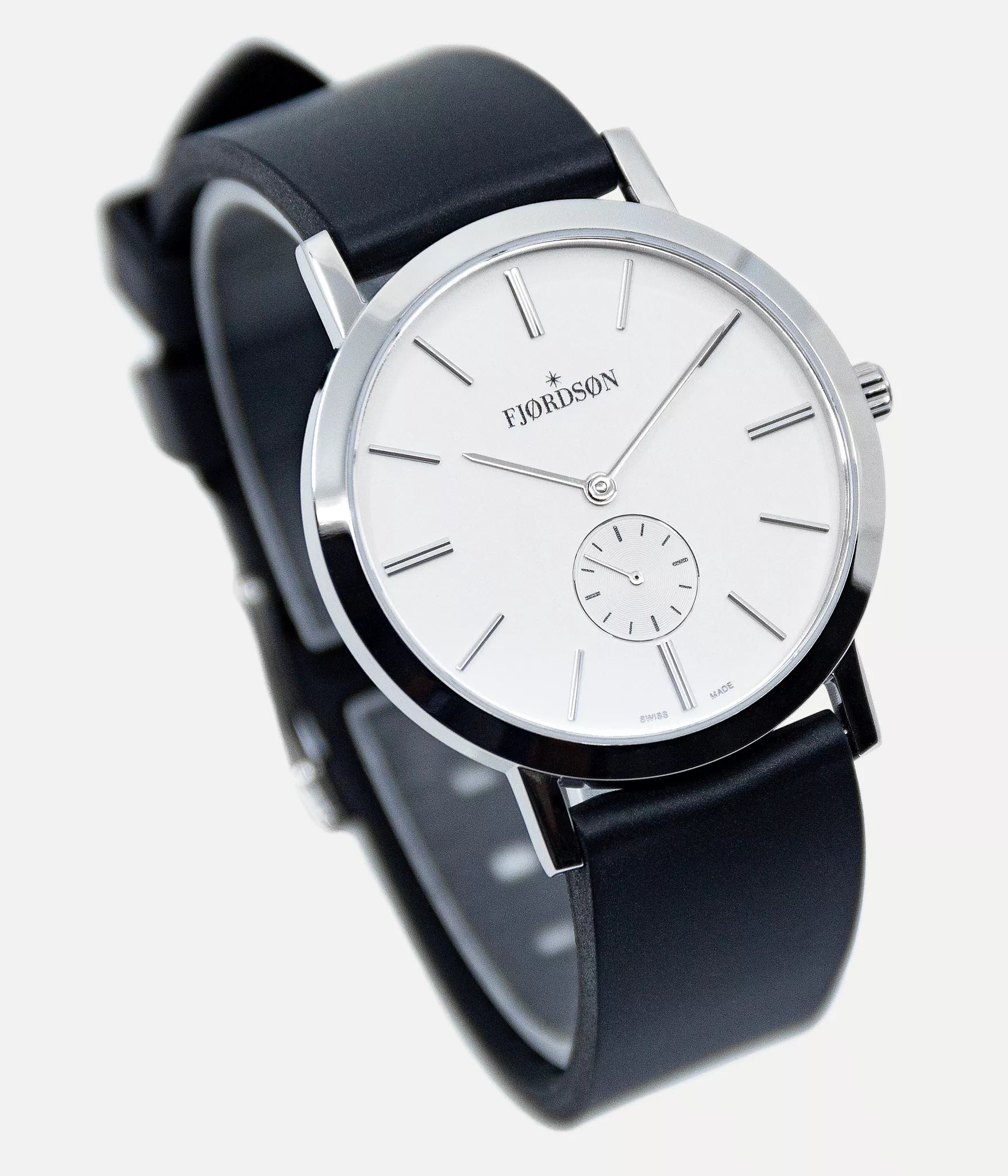 Strap on white dial watch shot - Fjordson black rubber strap silver buckle - UNISEX - vegan & approved by PETA - Swiss made