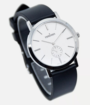 Side shot - Fjordson watch with white dial and black rubber watch strap - UNISEX - vegan & approved by PETA - Swiss made