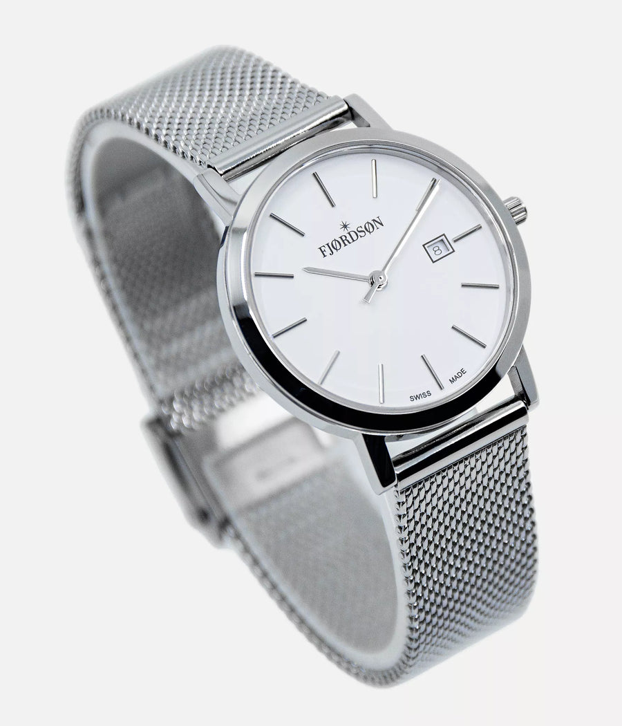 Front shot - Fjordson watch with white dial and silver mesh watch strap - Women's Watch - vegan & approved by PETA - Swiss made