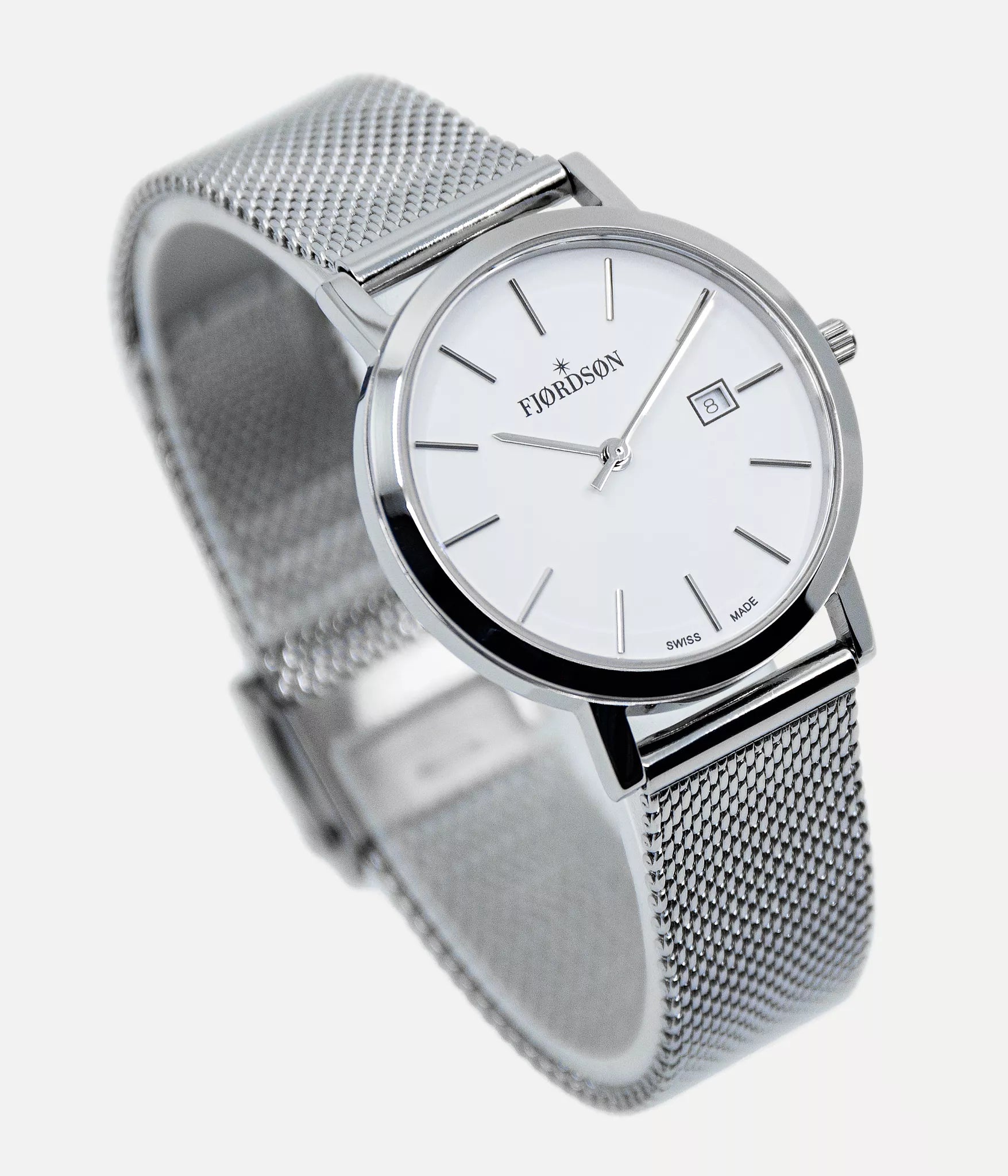 Strap on white dial watch - Fjordson Silver Metal Mesh Watch strap silver buckle - WOMEN - vegan & approved by PETA - Swiss made