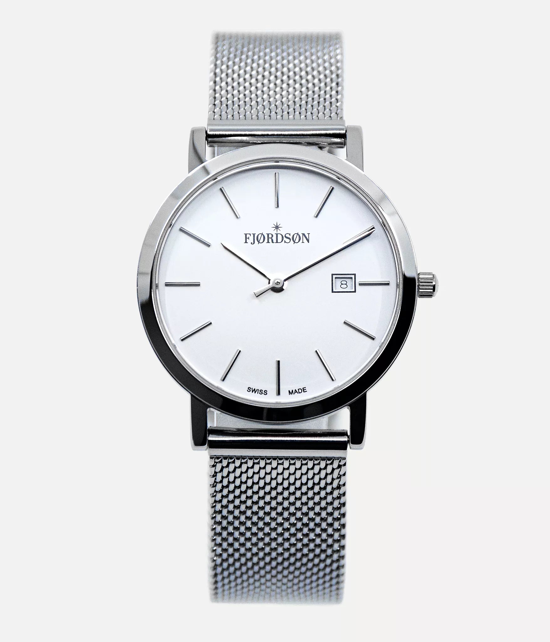 Front shot - Fjordson watch with white dial and silver mesh watch strap - Women's Watch - vegan & approved by PETA - Swiss made