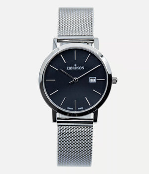 Front shot - Fjordson watch with black dial and metal mesh strap - WOMEN - vegan & approved by PETA - Swiss made